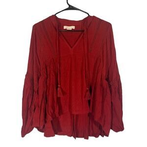 Lottie & Holly Red Long Sleeve V-Neck Boho Tassel Peasant Blouse Women Sz S